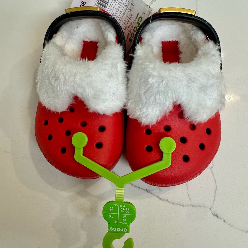 CROCS Kids Santa Red and White Fuzzy Slippers